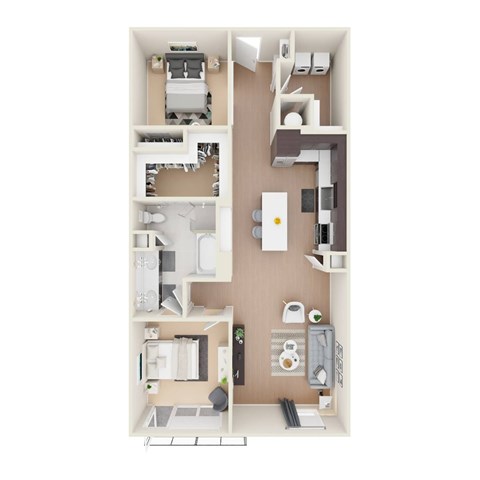 A floor plan of a small apartment with a kitchen, living room, and bathroom.